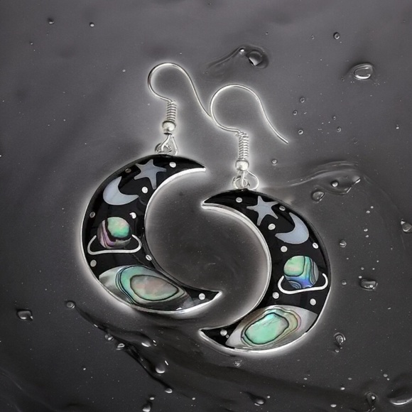 Retro Universe Starry Sky Crescent Hook Earrings Zinc Alloy Silver Plated Trendy - Picture 3 of 9